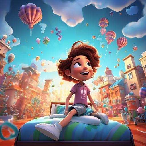 Design a colorful and imaginative scene of a children's bed factory. Position a charismatic cartoon character in the foreground, giving an animated presentation with a microphone. Show beds soaring into the sky as they leave the factory, cartoon, 3d