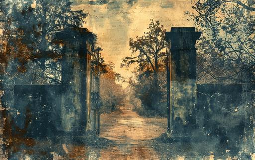 Design a combined batik with Pendleton Mixed Media Collage exploring the concept of a mystical gate leading to otherworldly realms. Incorporate vintage photographs, handwritten letters, and abstract elements. Use double exposure, multiple exposure, long exposure photography to blend these elements seamlessly. Imagined by M A Aguilar, MegUSN1 --stylize 250 --c 10 --ar 16:10 --v 6.0 --style raw