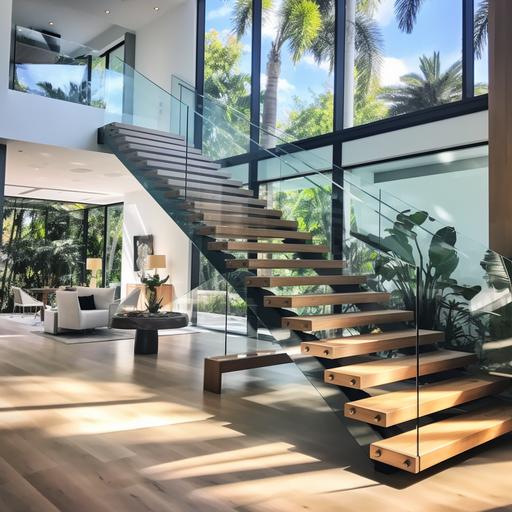 Design a custom modern staircase with glass railing, white oak treads, one single center metal beam structure stringer, summer time home, miami beach style modern home.
