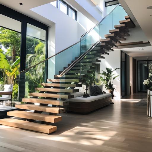 Design a custom modern staircase with glass railing, white oak treads, one single center metal beam structure stringer, summer time home, miami beach style modern home.