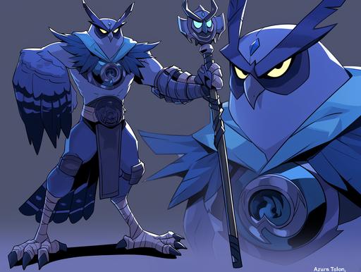 Design a formidable blue-horned owl character as the latest villain in the Teenage Mutant Ninja Turtles universe, capturing the vibrant and dynamic style of the iconic 1980s cartoon. This owl, named 