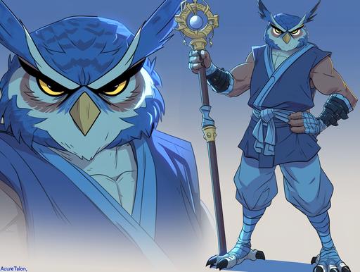 Design a formidable blue-horned owl character as the latest villain in the Teenage Mutant Ninja Turtles universe, capturing the vibrant and dynamic style of the iconic 1980s cartoon. This owl, named 