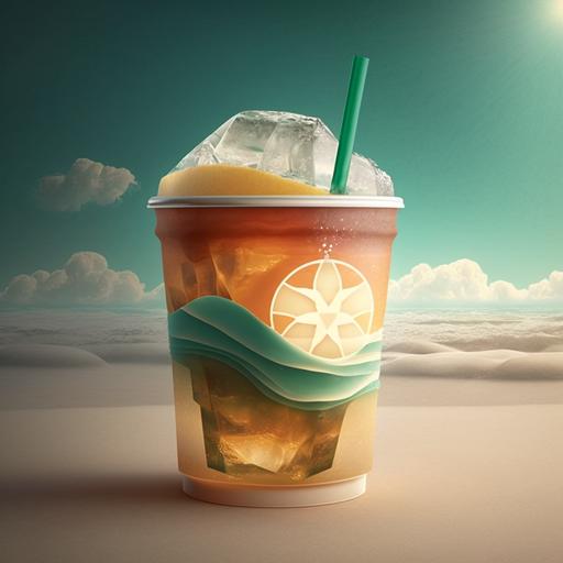 Design a graphic featuring a cold tea with ice cubes in a cup similar to a Starbucks cold drink cup, but without the logo. The setting should be a sunny beach with a cloudy sky that conveys a pleasant feeling