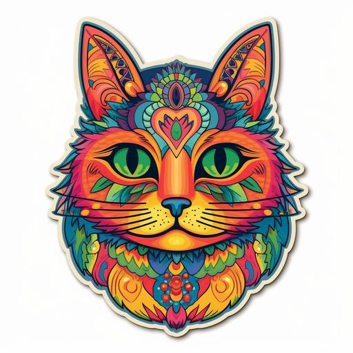 Design a groovy sticker featuring a Calico cat embracing its inner hippie in the whimsical style of Dongi Lee. Portray the cat with a carefree expression and colorful, mesmerizing eyes, capturing its hippie spirit. Embrace Dongi Lee's signature style of soft lines, vibrant colors, and playful patterns to bring the cat's hippie persona to life. Dress the cat in bohemian attire, such as a flower crown, tie-dye bandana, or bell-bottom pants. Surround the cat with elements of nature, like flowers, peace signs, or swirling patterns reminiscent of the psychedelic era. Let the sticker radiate a sense of peace, love, and a free-spirited vibe, capturing the captivating charm of Dongi Lee's art style and the Calico cat's groovy hippie transformation.