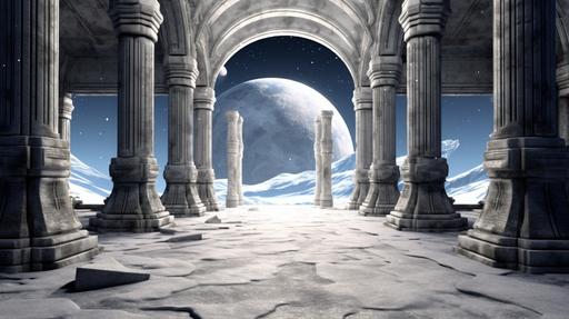 Design a hypostyle hall on the moon, with columns made of lunar rock and featuring carvings that pay homage to moon missions, astronauts, and lunar exploration vehicles. The sky should clearly show the absence of atmosphere, and Earth should be visible for added depth. Medium: Hyper-realistic digital painting. Style: A fusion of the lunar landscapes in Stanley Kubrick's 