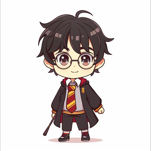 Design a kawaii icon of Harry Potter in a cartoon style, full length and facing forward. Harry should be depicted in his Hogwarts school uniform, complete with his Gryffindor house scarf, showcasing the house colors of scarlet and gold prominently. His look should include his distinctive round glasses and the lightning bolt scar on his forehead, both essential to his character. The artwork should capture Harry's youthful and friendly demeanor, with exaggerated cute features like large, expressive eyes and a small, smiling mouth. His hair should be messy, and he should be holding his wand in one hand, ready for magic. The background must be white, ensuring Harry stands out clearly. The overall feel should be cheerful and appealing, perfectly blending the magical world of Harry Potter with the adorable aesthetics of kawaii culture