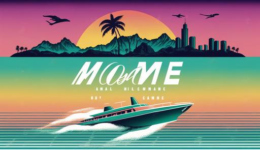 Design a logo for a promotional banner featuring a sleek motorboat cruising on the calm waters of Lake Constance (Bodensee), painted in the iconic Miami Vice color scheme. Use the reference image provided in the link to capture the same stylish and dynamic vibe. Render the magnificent backdrop of the Alps in the distance to add depth and contrast to the logo. Photography, using a Nikon D850 with a 24-70mm f/2.8 lens, --ar 16:9 --s 750