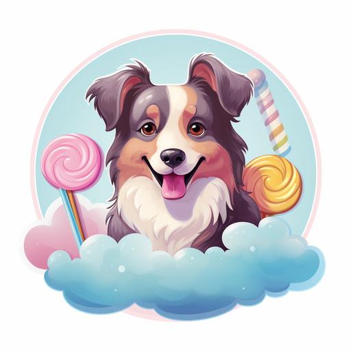 Design a logo for our cotton candy business, 'Candy Cloud Aussies.' The logo should prominently feature the charming image of an Australian Shepherd dog, rendered in shades of pink and blue, playfully interacting with cotton candy. The dog should exude a sense of excitement and joy, possibly with its tongue out, reaching towards a fluffy cloud of pink and blue cotton candy. The cotton candy itself should be depicted with vibrant and inviting pink and blue colors. Surrounding this central scene, incorporate a circular or rounded design element with the business name, 'Candy Cloud Aussies,' in a playful yet easily readable font. The color palette should reflect the energetic and friendly nature of the Australian Shepherd breed, with shades of pink and blue, as well as white, to represent the cotton candy. Ensure that the logo can be scaled for various uses, from signage to packaging and digital media