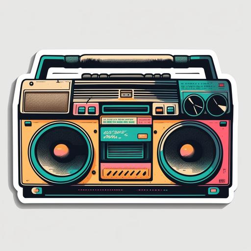 Design a minimalistic, highly stylized sticker of a vintage 80s boombox. The boombox should be simplified to its most iconic elements: the speakers, handle, and cassette player. Use bold and contrasting colors (such as black and bright neon colors) to create a striking visual contrast. Keep the details to a minimum to ensure the design is immediately recognizable and retains its impact even at small sizes. There should be no background or additional elements in the design, and remember to avoid using text. --v 4