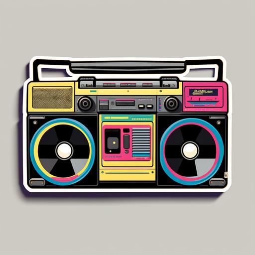 Design a minimalistic, highly stylized sticker of a vintage 80s boombox. The boombox should be simplified to its most iconic elements: the speakers, handle, and cassette player. Use bold and contrasting colors (such as black and bright neon colors) to create a striking visual contrast. Keep the details to a minimum to ensure the design is immediately recognizable and retains its impact even at small sizes. There should be no background or additional elements in the design, and remember to avoid using text. --v 4