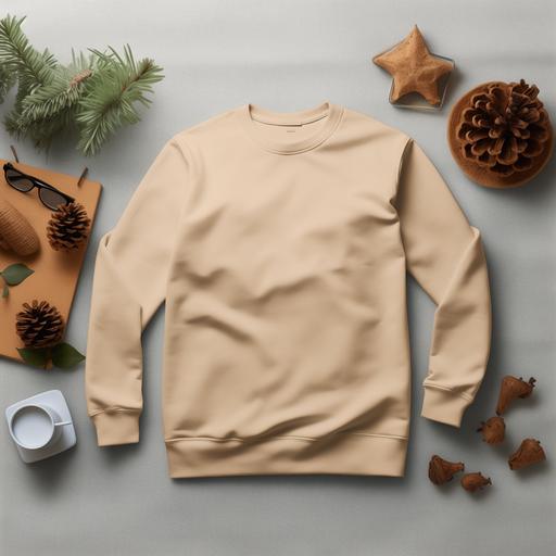 Design a mockup featuring plain sand Gildan 18000 sweatshirt laying flat on a light colored table, surrounded by festive Christmas decorations --v 5.2