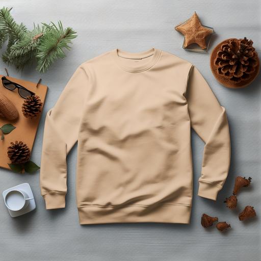 Design a mockup featuring plain sand Gildan 18000 sweatshirt laying flat on a light colored table, surrounded by festive Christmas decorations --v 5.2
