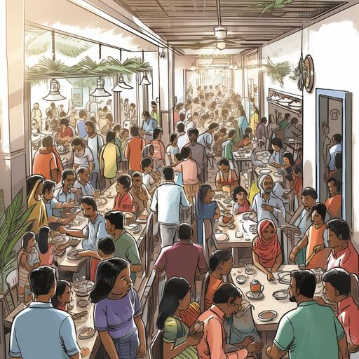 Design a multi partition comic setting of a crowded and peak hour busy Indian restaurant;people sitting in a line to eat while a few people have their hands raised to place new orders ; banana leaf plates ; conversation;Loud;bright sunlight fills the room