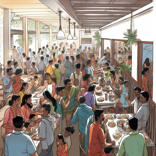 Design a multi partition comic setting of a crowded and peak hour busy Indian restaurant;people sitting in a line to eat while a few people have their hands raised to place new orders ; banana leaf plates ; conversation;Loud;bright sunlight fills the room