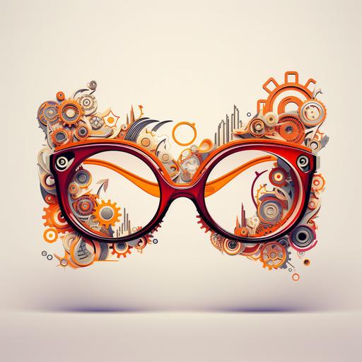 Design a pair of, floating in the air, funky cat-eye glasses with #5 on the side only, with intricate patterns inside the lenses. No table. Include cog wheels in playful, bright colors floating around the background of the glasses. put number 5 on the glasses side.