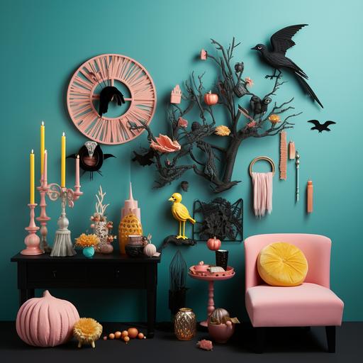 Design a set of teal, pink, and yellow Halloween decor items that combine whimsy with spookiness