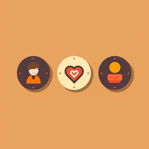 Design a set of three small flat icons in warm orange and brown tones to represent different aspects of online dating. The first icon should be a representation of critiquing an online dating profile. The second icon should represent creating an online dating profile. Finally, the third icon should be for providing counsel services for someone who is online dating. Remember that these icons should be easily recognizable at a small size, so try to keep the designs as clear and simple as possible. Get creative and have fun!