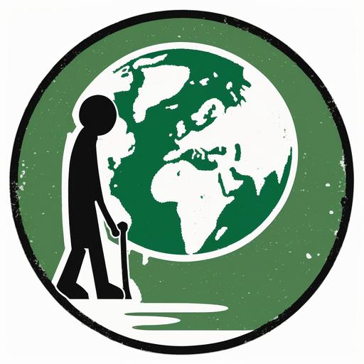 Design a sticker representing Activism for Climate Change using the universally recognized symbol of Earth, executed in a 'Pop', 'Underground' style. Visual: A simple globe, with half appearing healthy and green and the other half polluted and distressed. A minimalist figure stands on the borderline, holding a sign or a banner. Shapes: Simplistic and round for the globe, simple geometric shapes for the figure and the sign/banner. Colors: Vibrant blues and greens for the healthy side of the globe, contrasting with browns and grays for the polluted side. Bright, bold color for the activist figure to signify rebellion. Goal: Immediately convey the crucial act of standing up for our planet's health, capturing a spirit of activism and rebellion. Objective: Design with the potential to go viral, using clear, iconic symbolism. The sticker should advocate for climate change activism without any need for words. --v 4