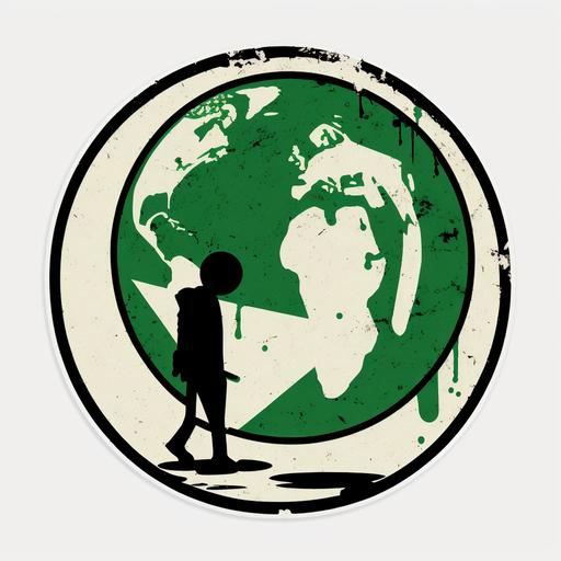 Design a sticker representing Activism for Climate Change using the universally recognized symbol of Earth, executed in a 'Pop', 'Underground' style. Visual: A simple globe, with half appearing healthy and green and the other half polluted and distressed. A minimalist figure stands on the borderline, holding a sign or a banner. Shapes: Simplistic and round for the globe, simple geometric shapes for the figure and the sign/banner. Colors: Vibrant blues and greens for the healthy side of the globe, contrasting with browns and grays for the polluted side. Bright, bold color for the activist figure to signify rebellion. Goal: Immediately convey the crucial act of standing up for our planet's health, capturing a spirit of activism and rebellion. Objective: Design with the potential to go viral, using clear, iconic symbolism. The sticker should advocate for climate change activism without any need for words. --v 4