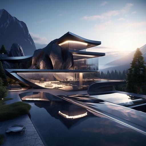 Design a stunning 3D architectural mansion surrounded by mountains. The mansion's structure should combine sleek modern lines with italian inspiration, featuring water features with glass that open to the sky. The scene should be rendered with utmost detail to capture both the architectural intricacies and the vast mountains surrounding.