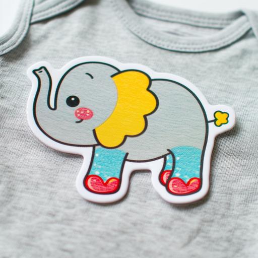 Design a super cute baby t-shirt sticker featuring playful elephant, vibrant colors, and adorable motifs. Envision cheerful character like smiling elephant, Employ vibrant hues and charming illustrations to captivate the imagination of both babies and parents alike. Ensure the design is visually engaging and easy to apply to baby apparel, enhancing the charm and appeal of the t-shirt. Embrace a playful and lighthearted style that exudes warmth and joy, creating a delightful addition to any baby's wardrobe, no background --v 6.0