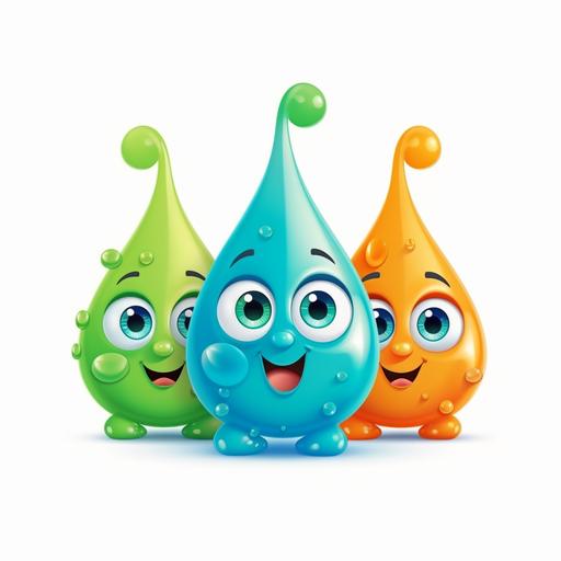 Design a water droplet cartoon character icon with three water droplets holding hands, with small water droplets on both sides and large water droplets in the middle. The colors are blue, green, and orange. --v 5.1