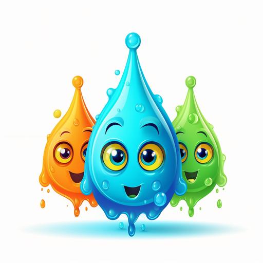 Design a water droplet cartoon character icon with three water droplets holding hands, with small water droplets on both sides and large water droplets in the middle. The colors are blue, green, and orange. --v 5.1