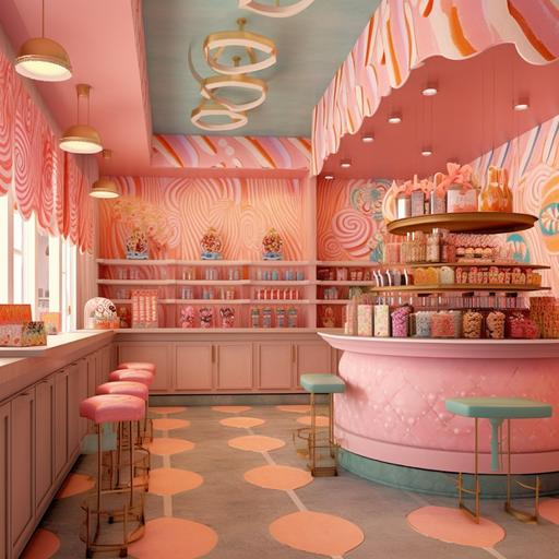 Design a whimsical candy store interior with candy-themed wallpaper, candy-shaped seating, and a large candy counter