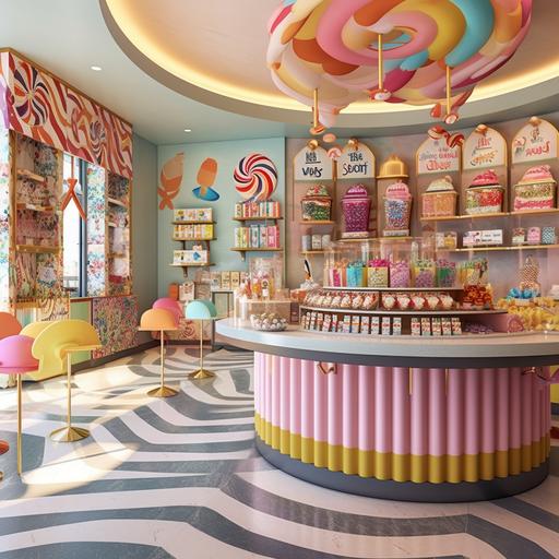 Design a whimsical candy store interior with candy-themed wallpaper, candy-shaped seating, and a large candy counter