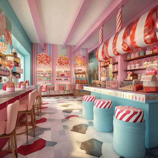 Design a whimsical candy store interior with candy-themed wallpaper, candy-shaped seating, and a large candy counter