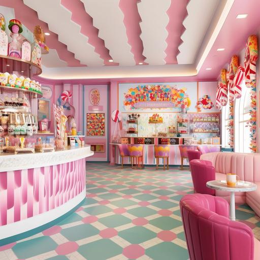 Design a whimsical candy store interior with candy-themed wallpaper, candy-shaped seating, and a large candy counter