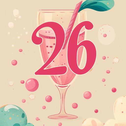 Design an enchanting flat illustration for a 26th birthday invitation with a focus on elegance and charm. Place the vibrant pink bubbly numbers '26' prominently in the center, using a playful yet sophisticated font that adds a touch of whimsy. Elevate the invitation's appeal with delightful details and soft pastel hues to enhance its cuteness factor. Incorporate imagery of pink sparkling wine to evoke a sense of celebration and luxury. Ensure the design exudes high quality and sophistication, reflecting the significance of the occasion and the refined taste of the guest of honor.