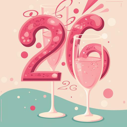 Design an enchanting flat illustration for a 26th birthday invitation with a focus on elegance and charm. Place the vibrant pink bubbly numbers '26' prominently in the center, using a playful yet sophisticated font that adds a touch of whimsy. Elevate the invitation's appeal with delightful details and soft pastel hues to enhance its cuteness factor. Incorporate imagery of pink sparkling wine to evoke a sense of celebration and luxury. Ensure the design exudes high quality and sophistication, reflecting the significance of the occasion and the refined taste of the guest of honor.