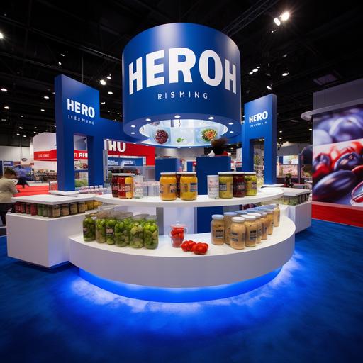 Design an engaging and visually captivating booth for Hero, a premium jam brand, that will be showcased at [Event Name]. The brand's primary colors are blue and white, reflecting its fresh and wholesome image. The booth should convey a sense of quality and natural goodness. Incorporate the following key elements into the design: Branding Elements: Integrate Hero's logo prominently, ensuring it is visible from various angles. Use the brand's blue and white color scheme consistently throughout the booth. Product Showcase: Create dedicated sections for each SKU: Strawberry, Berry, and Apple jams. Use strategic lighting to highlight the product labels and enhance the vibrancy of the fruit imagery. Interactive Elements: Include tasting stations where visitors can sample each jam flavor. Design interactive displays or touchpoints that provide information about the brand's commitment to quality ingredients and craftsmanship. Engaging Graphics: Incorporate engaging graphics that showcase the journey of Hero jams, from farm to jar, emphasizing freshness and natural ingredients. Ambiance and Atmosphere: Design the booth layout to create a welcoming and comfortable space for visitors. Consider incorporating a thematic backdrop that complements the brand's image. Call to Action: Include clear calls to action encouraging visitors to purchase Hero jams, possibly with special event discounts or promotions. Provide information on where customers can find Hero jams locally or online. Social Media Integration: Create photo-worthy moments within the booth that visitors are likely to share on social media, using relevant hashtags and handles.