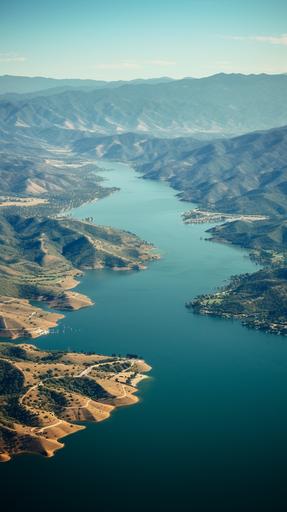 Design an image depicting an aerial view of Lake Berryessa, California. The image should have a vintage tint, to give the impression of 1960. The lake should be shown as a large body of water surrounded by nature, and a finely contoured wheat ear icon should float above the lake, indicating a crime scene, 8k, real photo, --ar 9:16