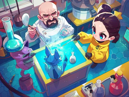 Design an image featuring Walter White from Breaking Bad and Jesse from Team Rocket (Pokémon), in a clandestine laboratory setting. Walter, in his iconic cooking attire, is shown synthesizing 'Pokémon crystals', a fictional creation for the image. Jesse from Team Rocket, fittingly mischievous, assists him. The scene should blend elements of both universes, with Pokémon-themed lab equipment and subtle references to Breaking Bad's distinctive style --ar 4:3 --niji 6