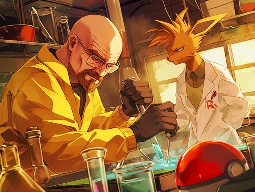 Design an image featuring Walter White from Breaking Bad and Jesse from Team Rocket (Pokémon), in a clandestine laboratory setting. Walter, in his iconic cooking attire, is shown synthesizing 'Pokémon crystals', a fictional creation for the image. Jesse from Team Rocket, fittingly mischievous, assists him. The scene should blend elements of both universes, with Pokémon-themed lab equipment and subtle references to Breaking Bad's distinctive style --ar 4:3 --style raw --niji 6