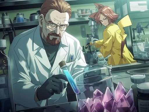 Design an image featuring Walter White from Breaking Bad and Jesse from Team Rocket (Pokémon), in a clandestine laboratory setting. Walter, in his iconic cooking attire, is shown synthesizing 'Pokémon crystals', a fictional creation for the image. Jesse from Team Rocket, fittingly mischievous, assists him. The scene should blend elements of both universes, with Pokémon-themed lab equipment and subtle references to Breaking Bad's distinctive style --ar 4:3 --style raw --niji 6