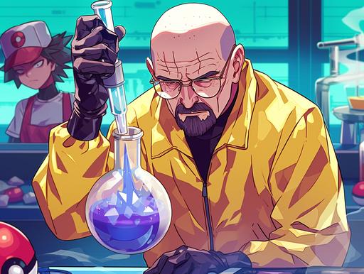 Design an image featuring Walter White from Breaking Bad and Jesse from Team Rocket (Pokémon), in a clandestine laboratory setting. Walter, in his iconic cooking attire, is shown synthesizing 'Pokémon crystals', a fictional creation for the image. Jesse from Team Rocket, fittingly mischievous, assists him. The scene should blend elements of both universes, with Pokémon-themed lab equipment and subtle references to Breaking Bad's distinctive style --ar 4:3 --niji 6