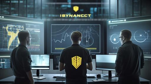 Design an image featuring three experts analyzing a digital screen displaying Binance cryptocurrency exchange's logo, charts, and market trends, surrounded by futuristic technology elements. --v 5 --ar 16:9
