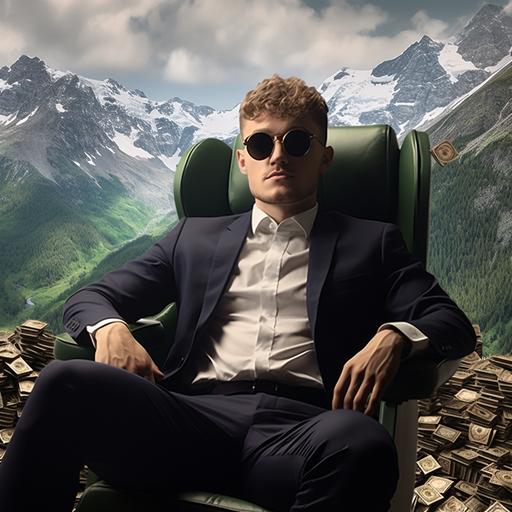 Design an image portraying a man in a luxurious mountain setting, seated on an elegant and stylish chair, surrounded by scattered dollars. Capture the opulence of the scene, emphasizing the contrast between the natural beauty of the mountains and the financial abundance symbolized by the currency.
