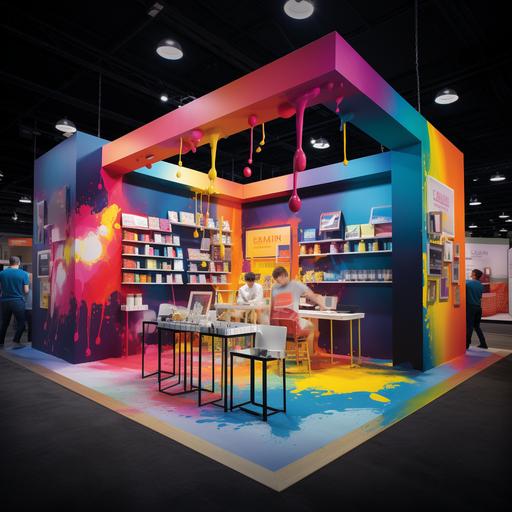 Design an innovative exhibition booth for a leading paint brand midway through its setup. Incorporate the quintessential tools of painting - rollers, brushes, and paint buckets - in a way that captivates visitors and showcases the brand's essence. Consider the layout, interactive elements, branding, and how to engage attendees with the creative process of painting