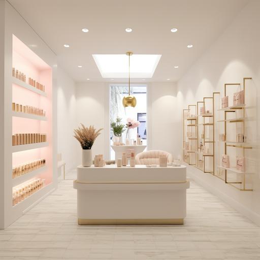 Design an inviting interior for a very small candle and fragrance boutique with a small area for t-shirts display that exudes modern elegance and sophistication. The space should feature an open layout with predominantly white walls and furnishings, accented by soft light pink hues and luxurious gold accents, including shelving and fixtures. Incorporate a stylish checkout counter in light pink. Create a designated Instagram-worthy photo area adorned with pink feathered angel wings. Enhance the ambiance with pink flowers cascading from the ceiling, adding a touch of whimsy and charm to the chic atmosphere.