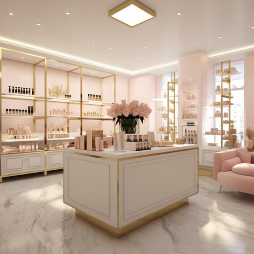 Design an inviting interior for a very small candle and fragrance boutique with a small area for t-shirts display that exudes modern elegance and sophistication. The space should feature an open layout with predominantly white walls and furnishings, accented by soft light pink hues and luxurious gold accents, including shelving and fixtures. Incorporate a stylish checkout counter in light pink. Create a designated Instagram-worthy photo area adorned with pink feathered angel wings. Enhance the ambiance with pink flowers cascading from the ceiling, adding a touch of whimsy and charm to the chic atmosphere.