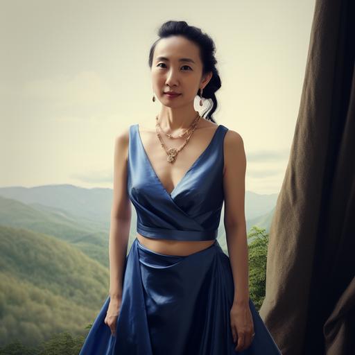 Design ::2, climbing a mountain, Asian lady, mature, confident, smile, high-quality, photorealistic, Professional Product Render::4, detailed, very large forehead, narrow and small chin, very small eyes, thin lips, strong arm muscles, accurate representation, professional, award-winning, 3D rendering, multiple angles::3, natural lighting, realistepaysage --v 5.2