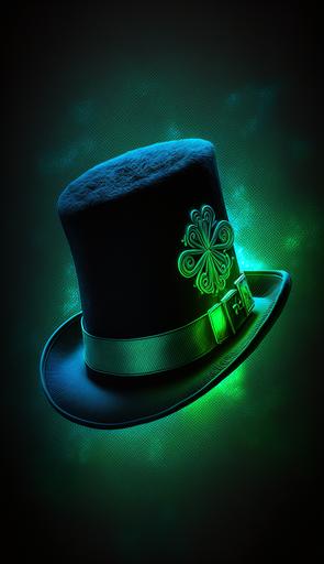 neon st patrick's hat, lucky, green luck, blue, neon, clover hat, glow, st patrick, Dark, amoled, 264k render HD --ar 9:16 --q 5
