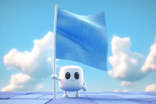 Design sheet of Cute character in Studio Ghilbli style, a blue giant big rectangle flag weaving in the air, front angle, blue and white colour scheme, 3d, minimalist, simple colour, design reference sheet --ar 3:2 --v 5.1