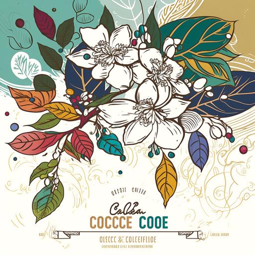 Desing create colourfull ilustrations of white coffee flowers and arabica coffee cherries, and line drawing miss coco cafe malaysia logo without letters with backgroud and patterns of colorful abstract and coffee trees, sparkle art . Use colourful backgrounds and patterns to make the label visually appealing