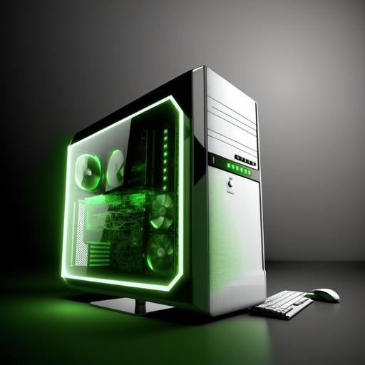 Desktop PC Logo, Hyperrealistic, simple, highly detailed, green and white lights or colours, clean Desktop --uplight