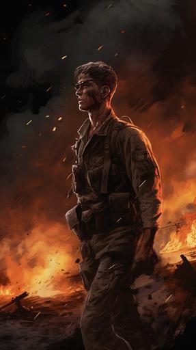 Desmond Doss in the heat of the Okinawa battle, carrying a wounded soldier, the environment is chaotic with explosions and flying debris, the scene is imbued with tension, bravery, and selflessness, Illustration, digital art in a gritty, realistic style, --ar 9:16 --v 5